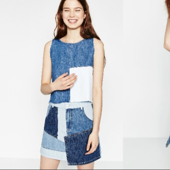 zara patchwork denim skirt